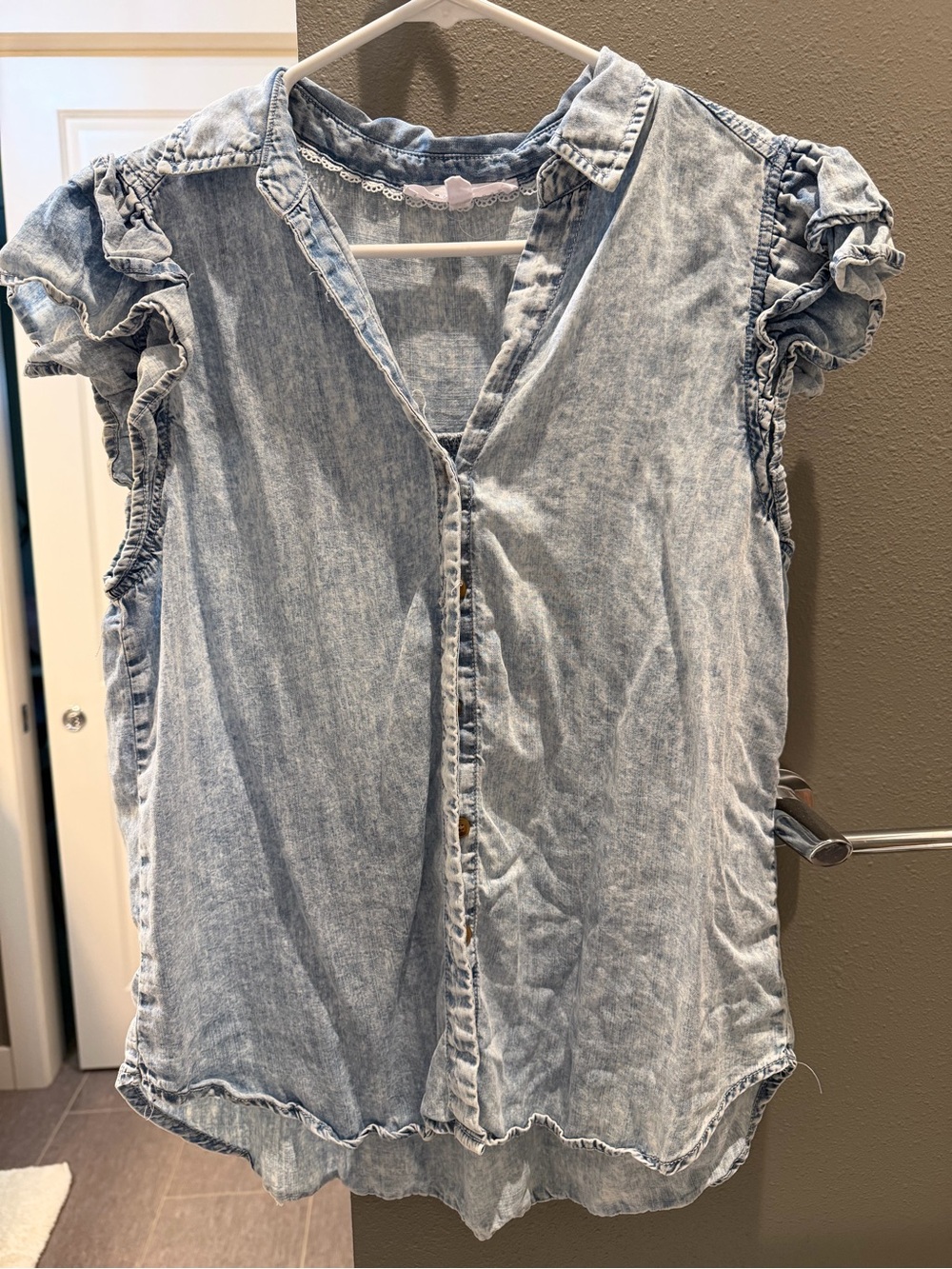 Jane and Delancey Light Wash Denim Ruffle Sleeve Button-Down Shirt